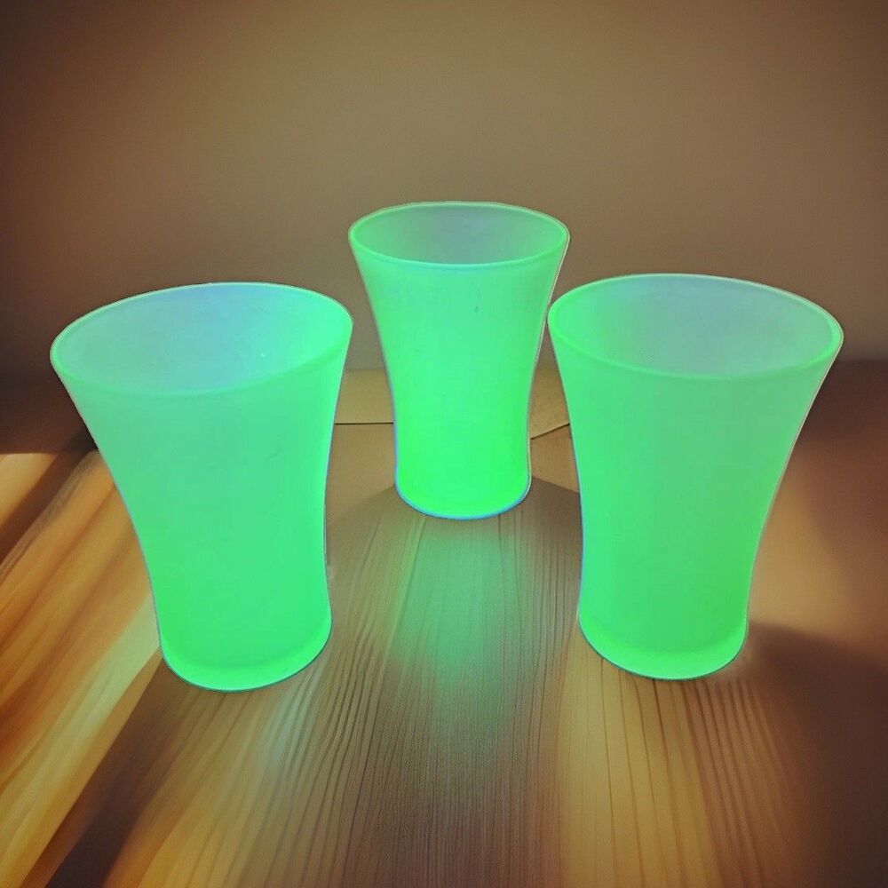 Uranium Frosted Vaseline Shot Glasses Set of 3 Matte Finish UV Glow Pristine